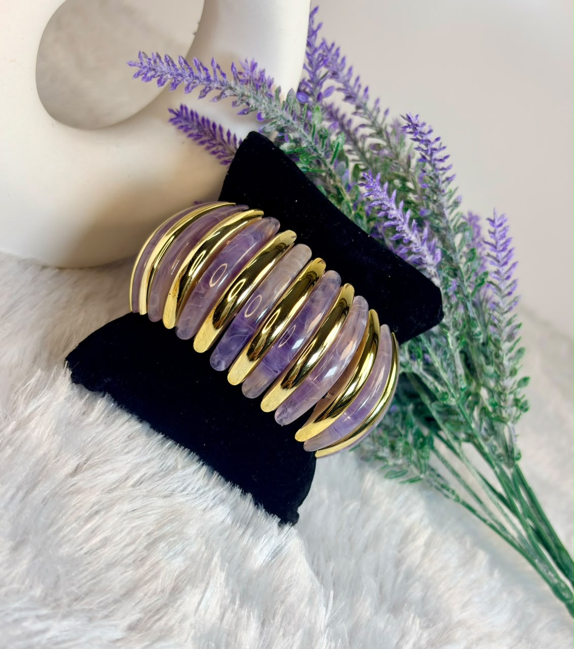 Lilac Gold Rib Stretch Bangle