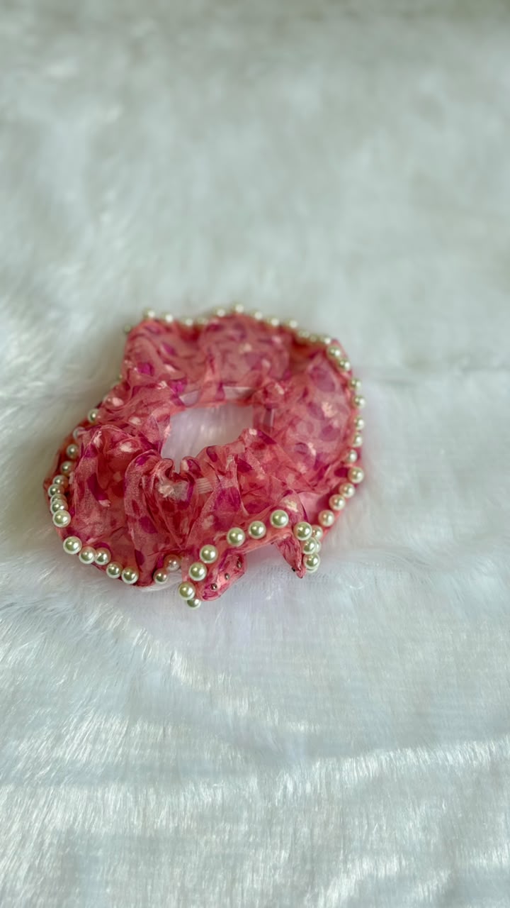 Pink Floral Pearl Scrunchie