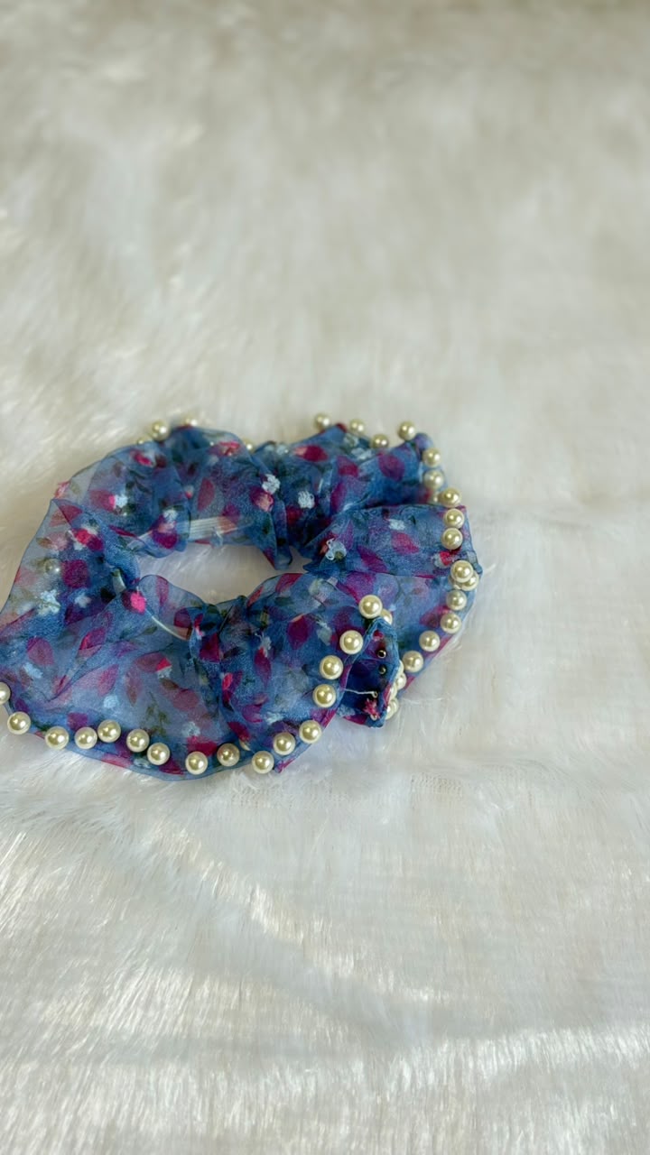 Blue Floral Pearl Scrunchie