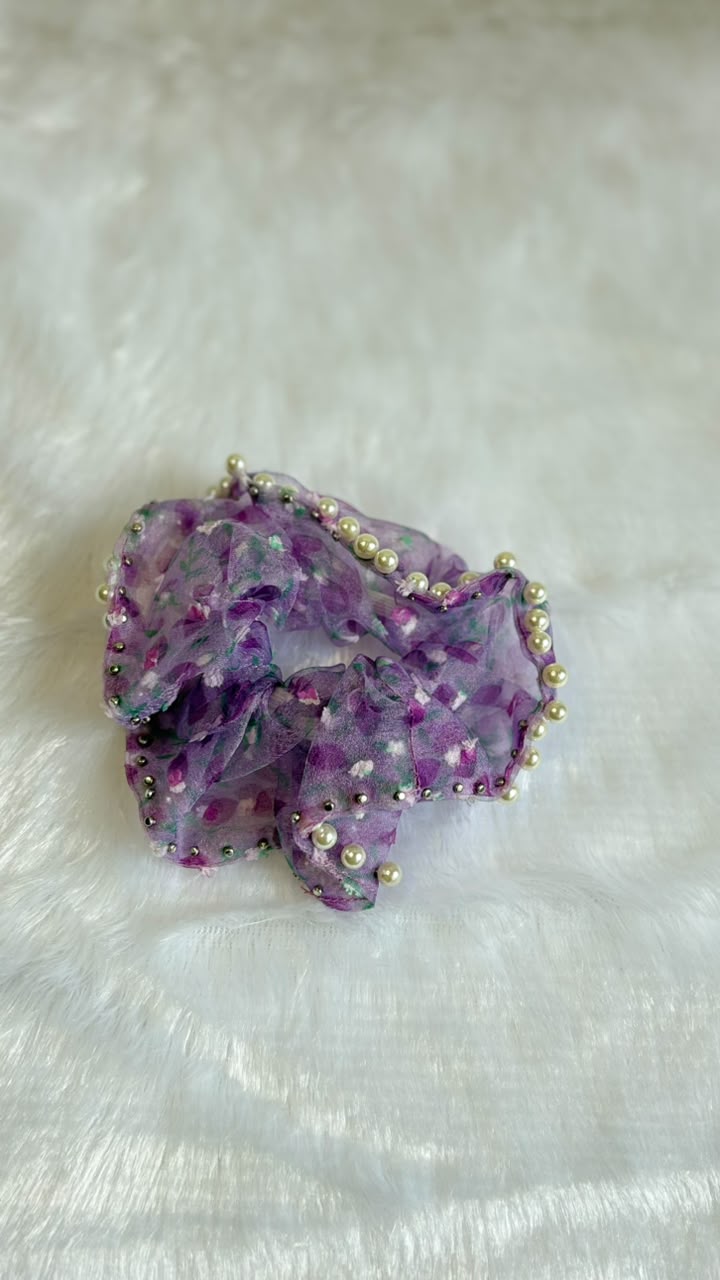 Purple Floral Pearl Scrunchie